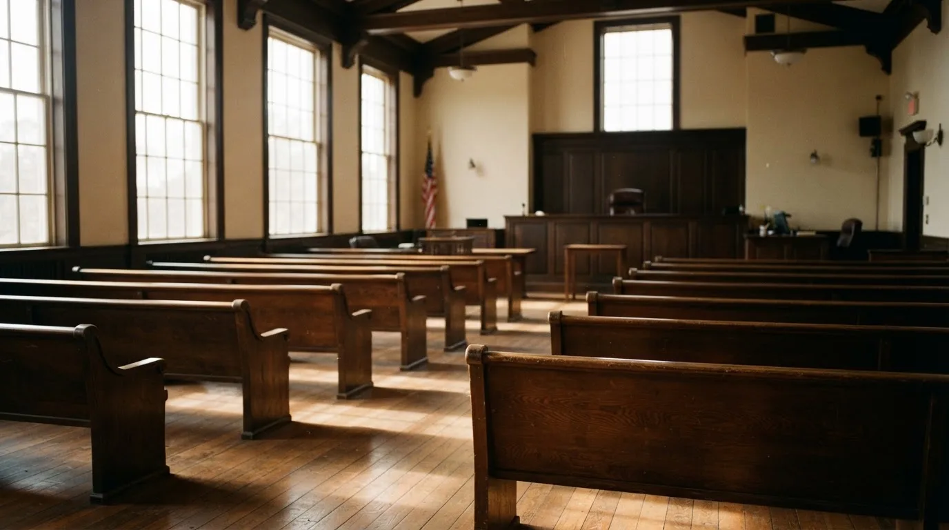 An empty courtroom with wooden benches in morning light