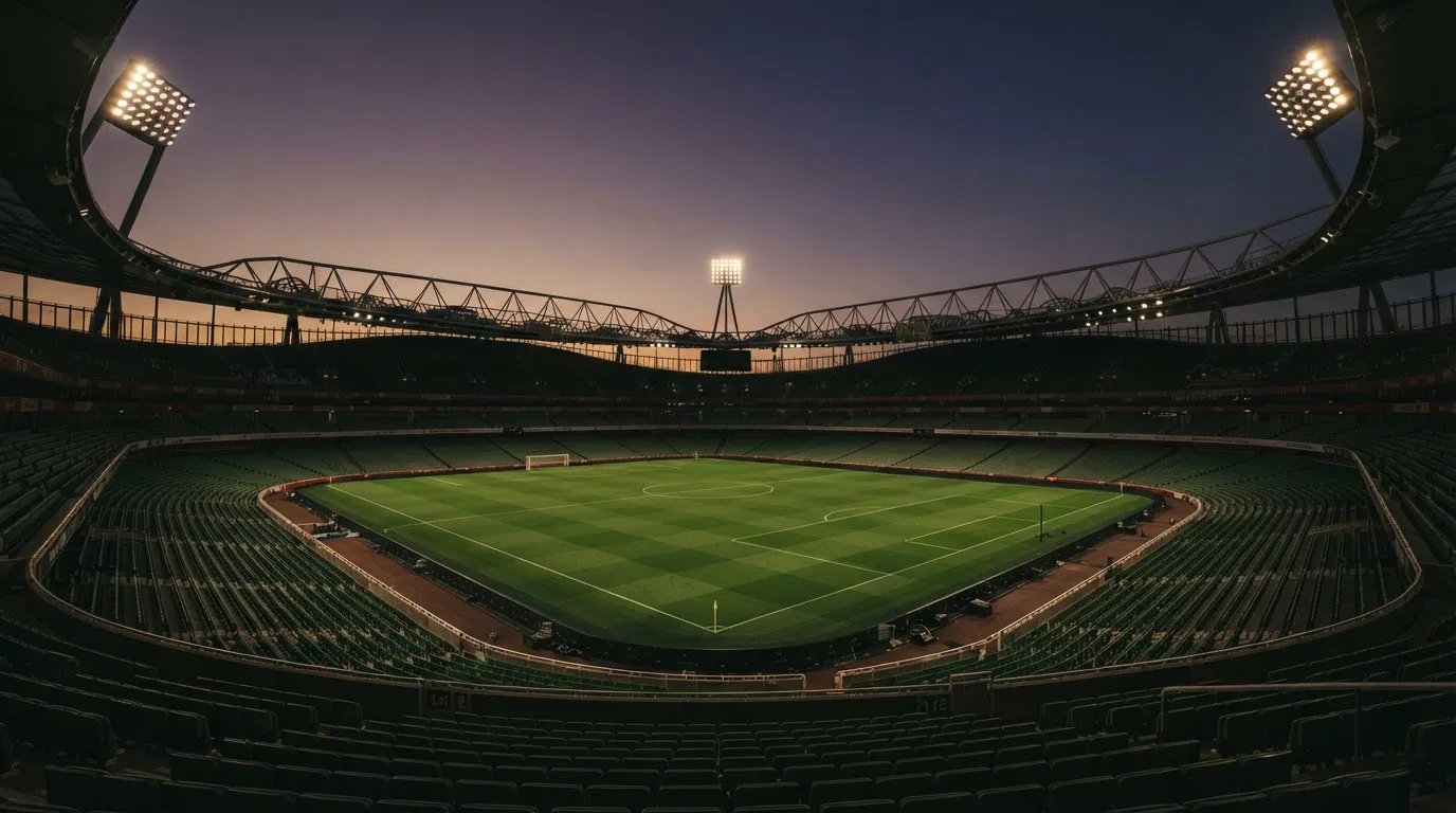An empty football stadium with floodlight masts at dusk