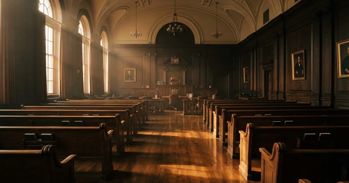 An empty courtroom with wooden benches in morning light