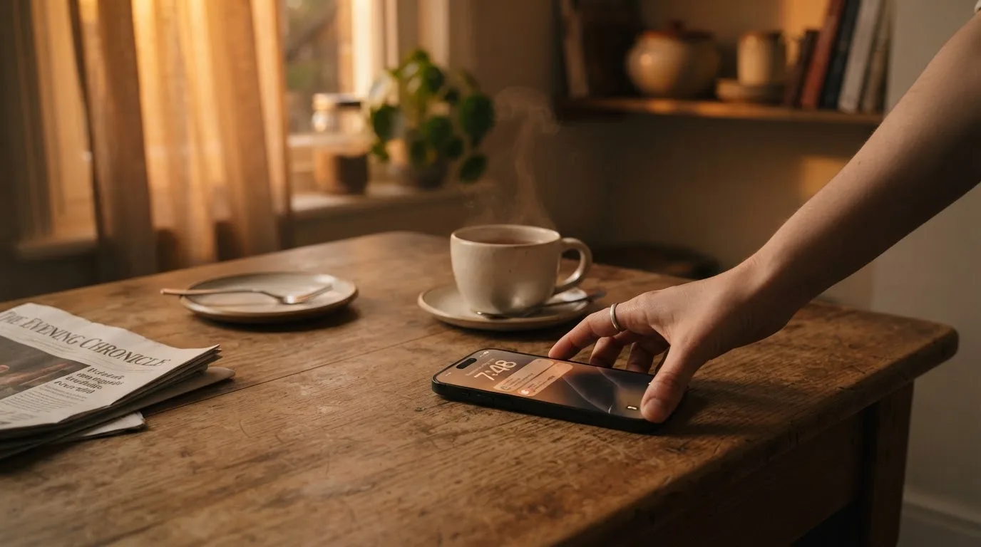 A hand setting a smartphone down beside a cup of tea on a kitchen table on a quiet evening