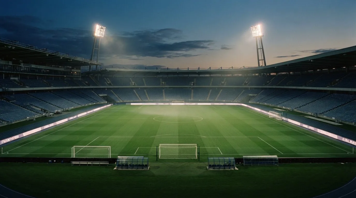 An empty football stadium with floodlight masts at dusk