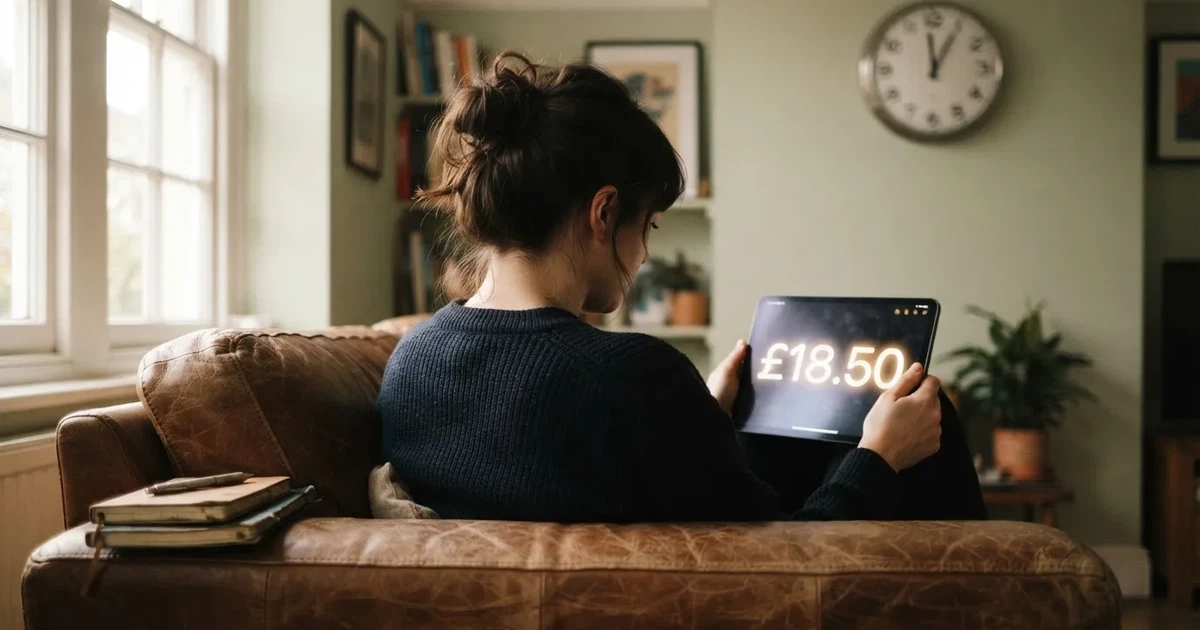 A person on a sofa looking thoughtfully at a tablet, a wall clock in the background