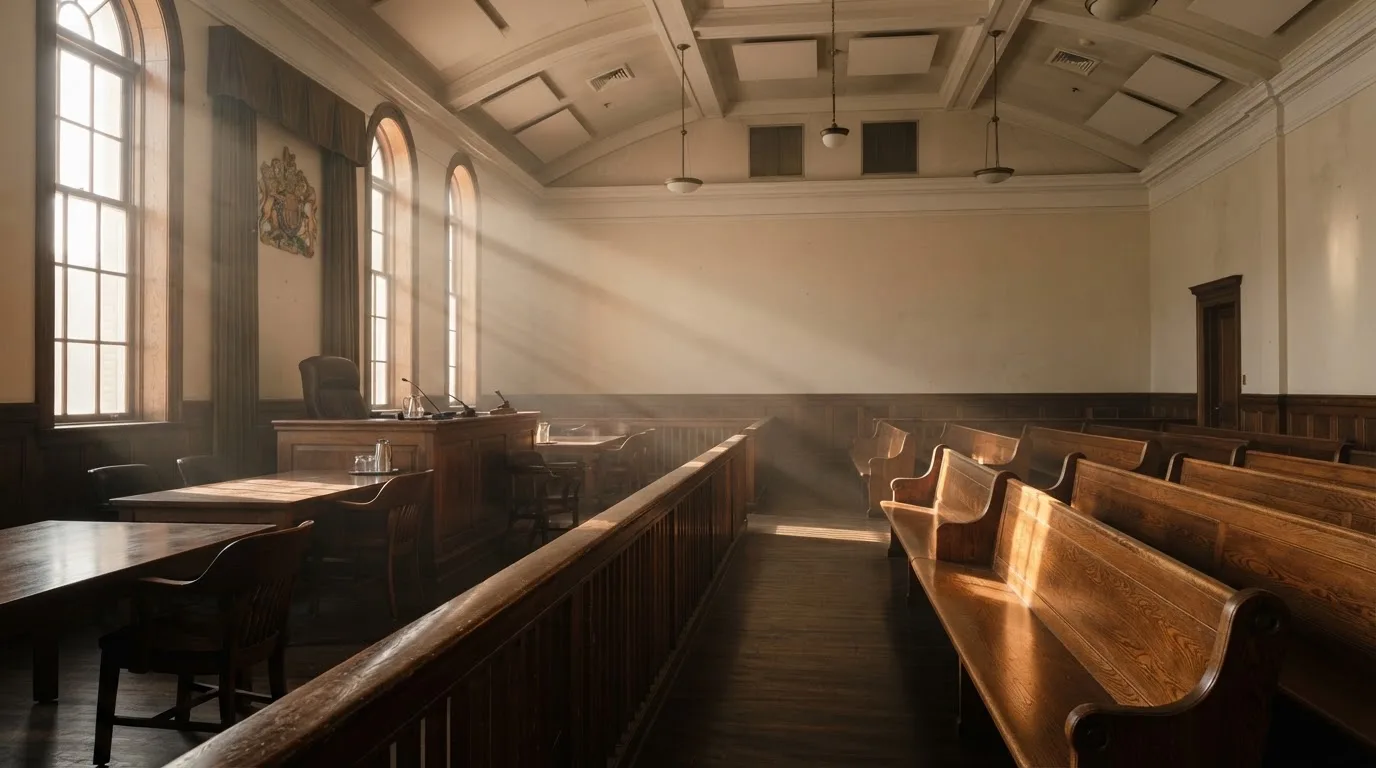 An empty courtroom with wooden benches in morning light