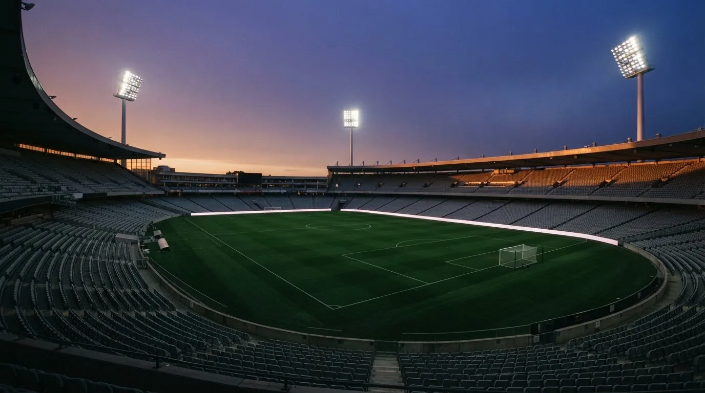 An empty football stadium with floodlight masts at dusk