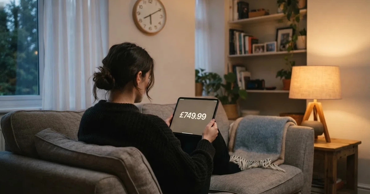 A person on a sofa looking thoughtfully at a tablet, a wall clock in the background