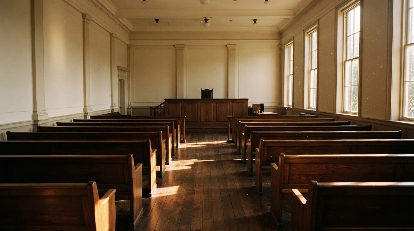 An empty courtroom with wooden benches in morning light