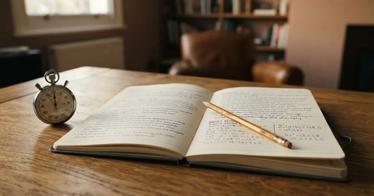 An open notebook with a pencil and a stopwatch on a wooden table