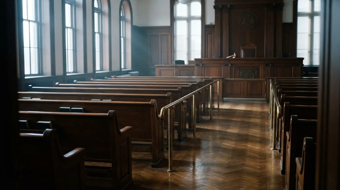 An empty courtroom with wooden benches in morning light