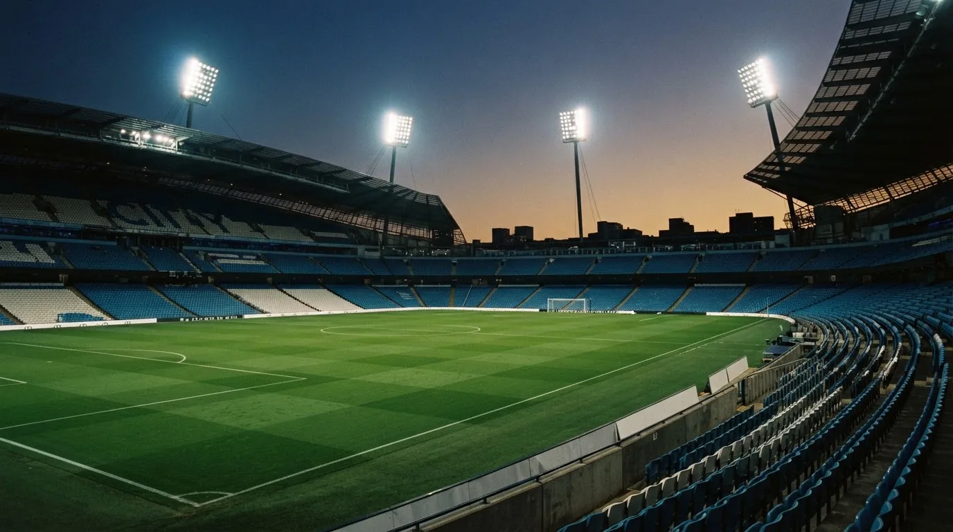 An empty football stadium with floodlight masts at dusk