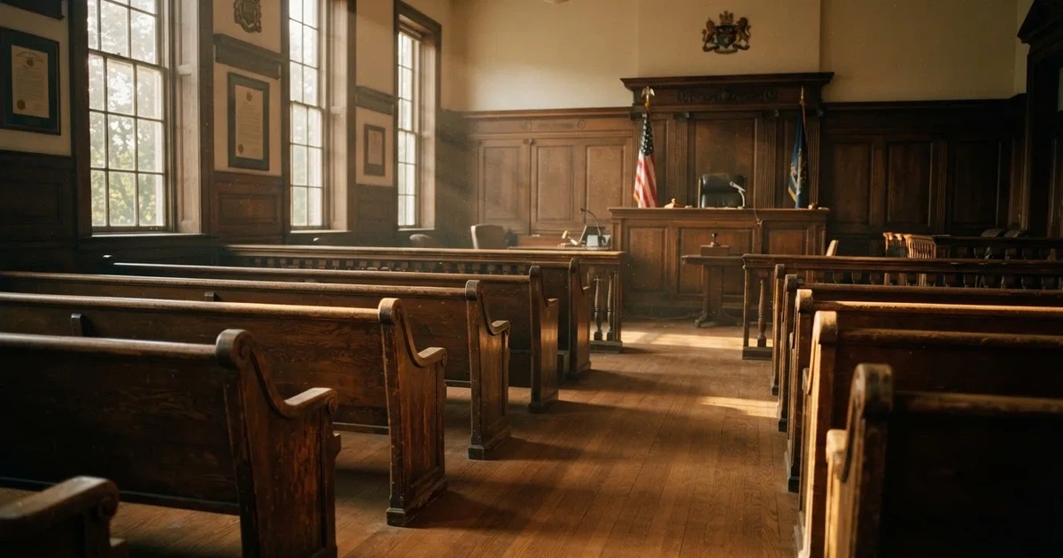 An empty courtroom with wooden benches in morning light