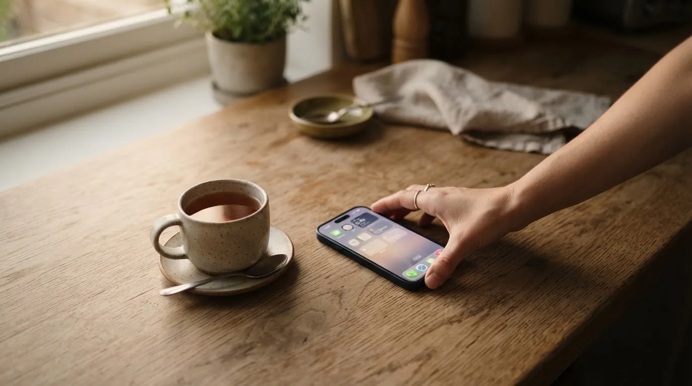 A hand setting a smartphone down beside a cup of tea on a kitchen table on a quiet evening