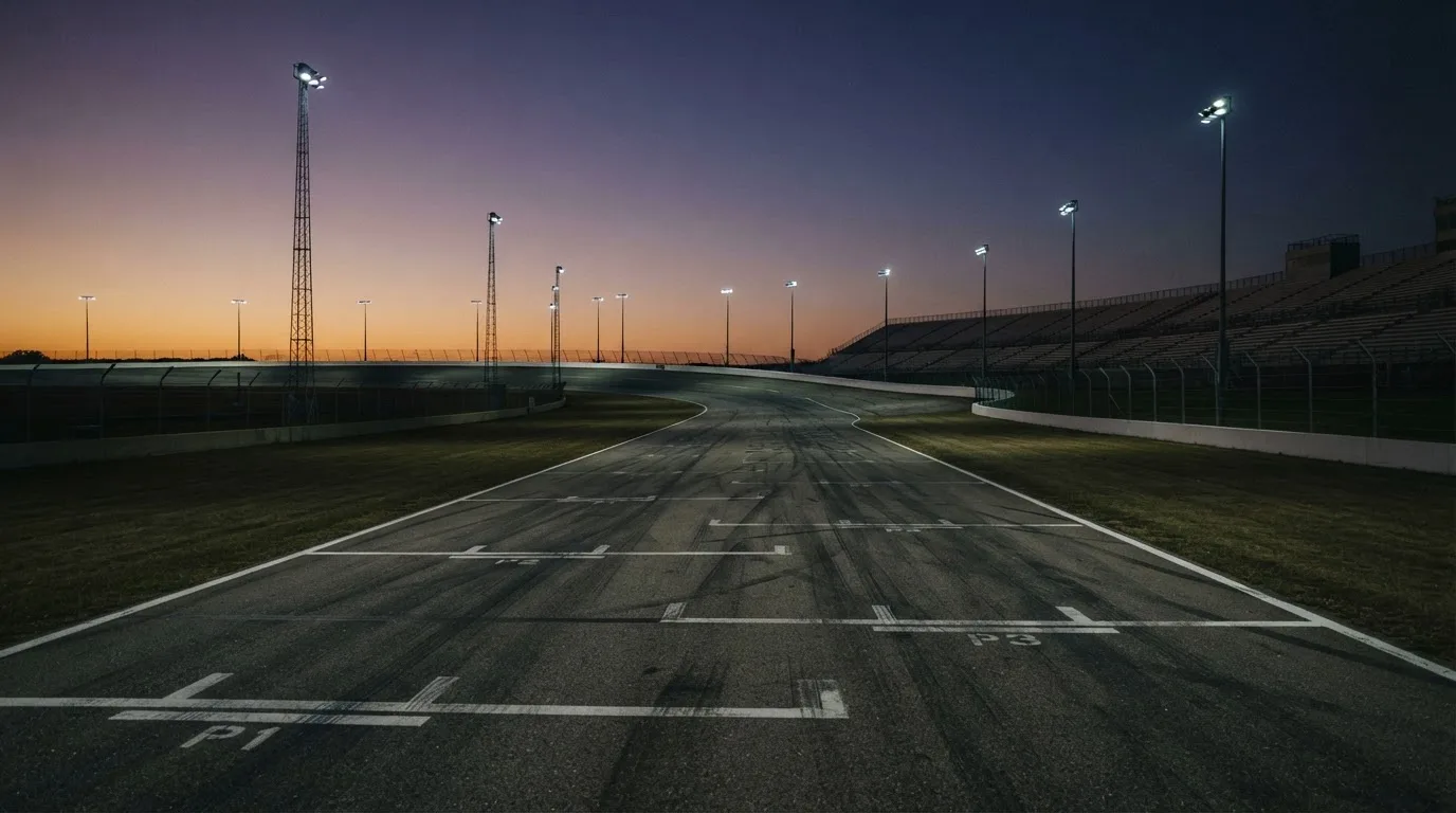 An empty football stadium with floodlight masts at dusk