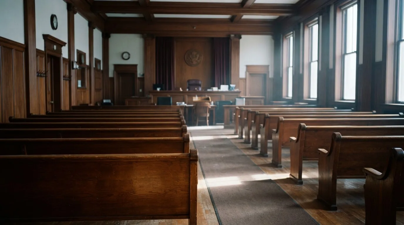 An empty courtroom with wooden benches in morning light