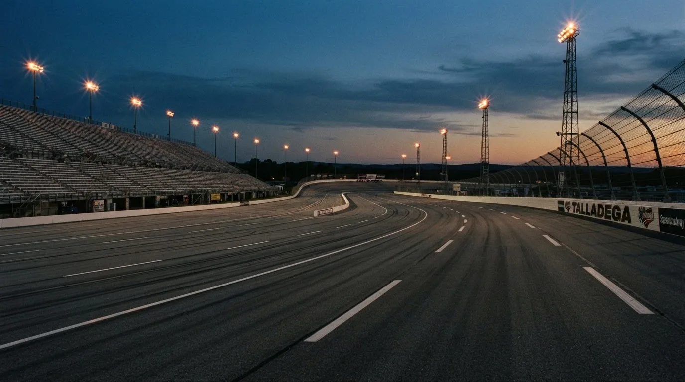 An empty football stadium with floodlight masts at dusk