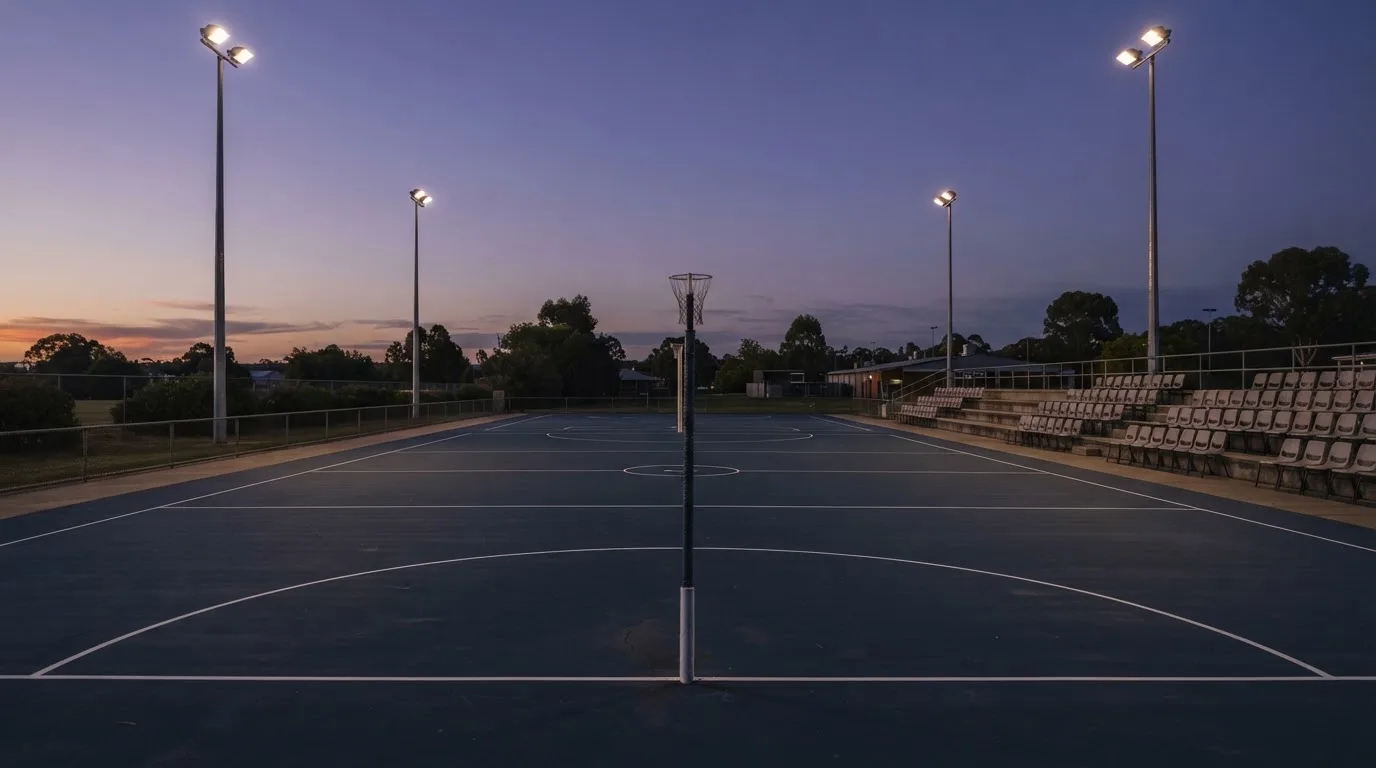 An empty football stadium with floodlight masts at dusk