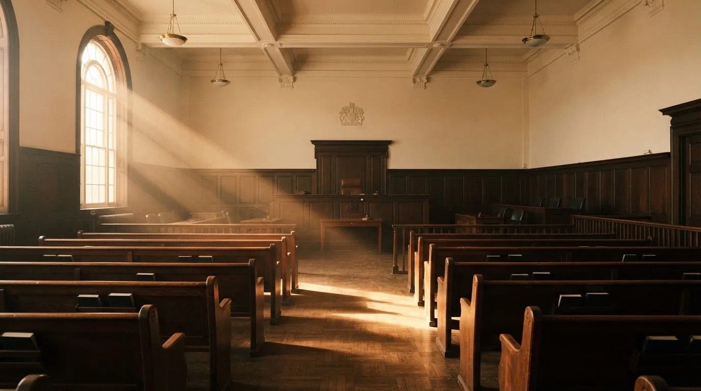 An empty courtroom with wooden benches in morning light