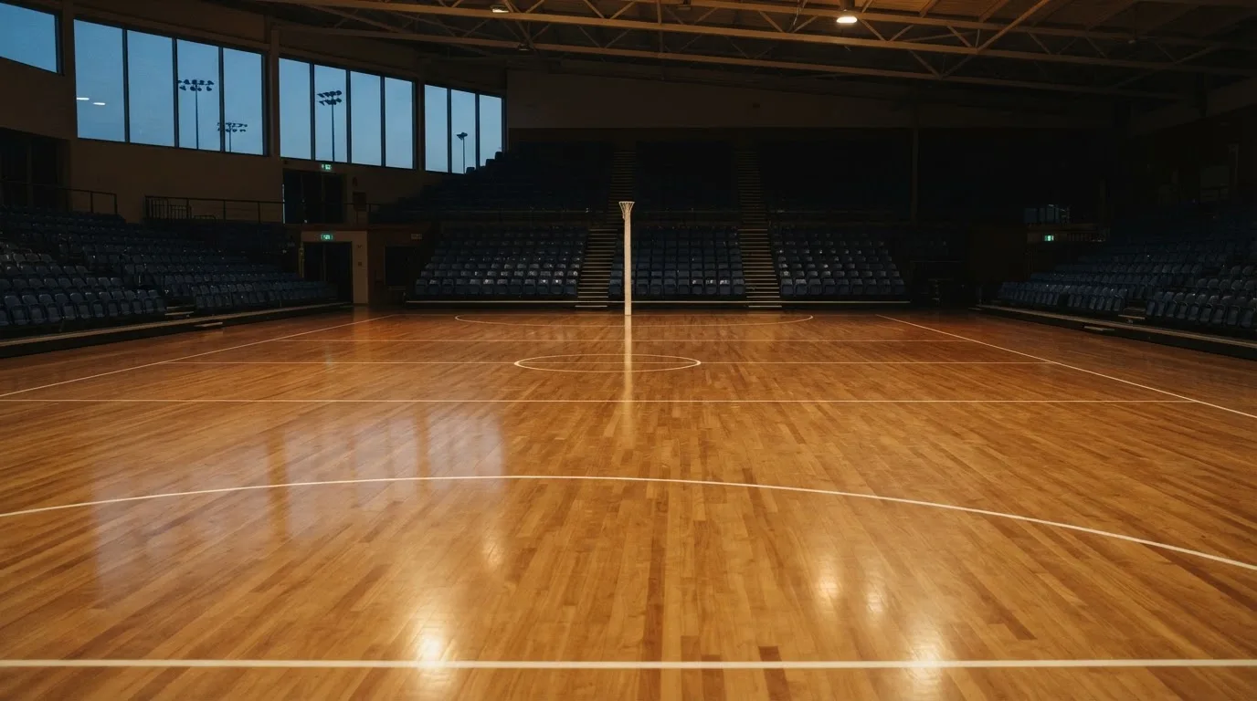 An empty football stadium with floodlight masts at dusk