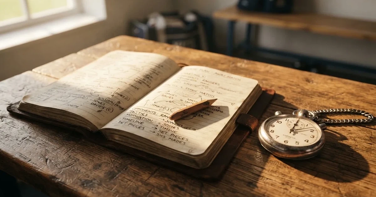 An open notebook with a pencil and a stopwatch on a wooden table