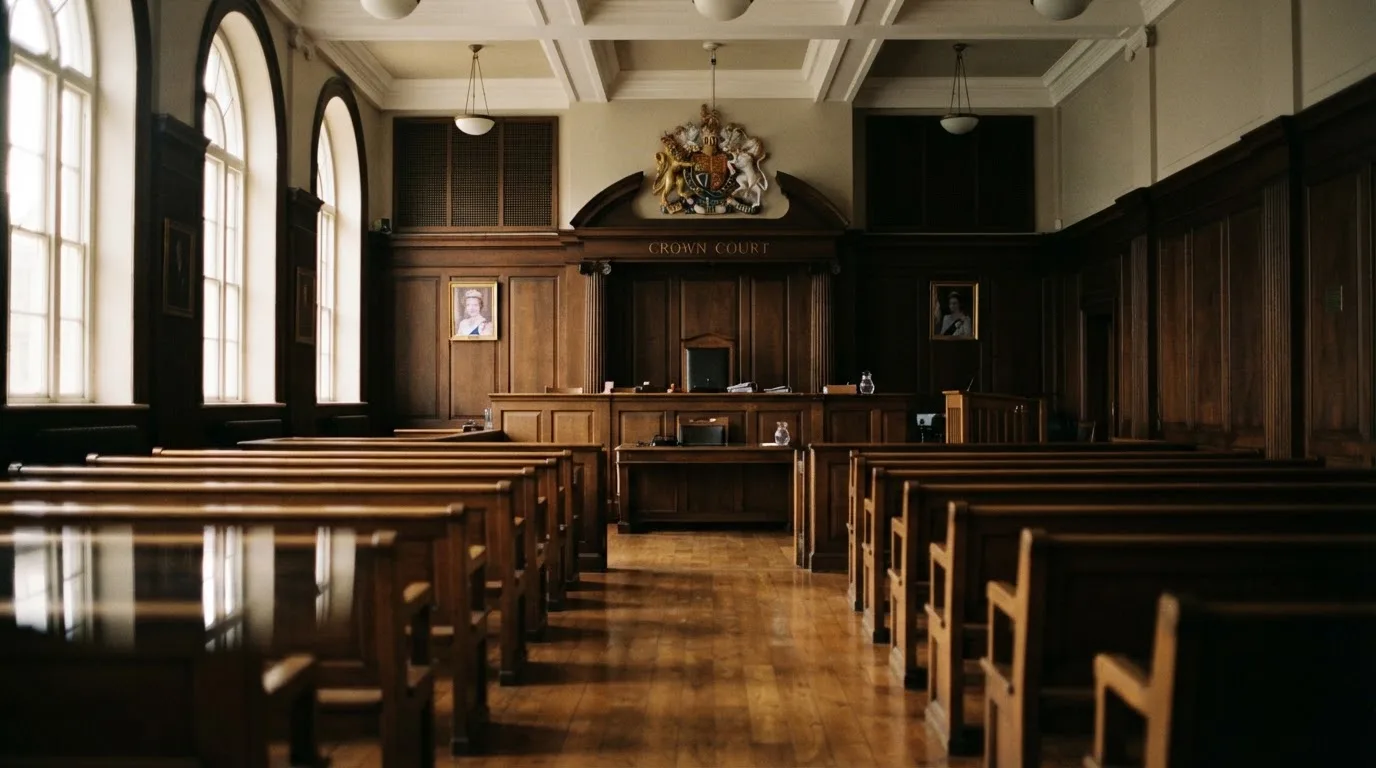An empty courtroom with wooden benches in morning light