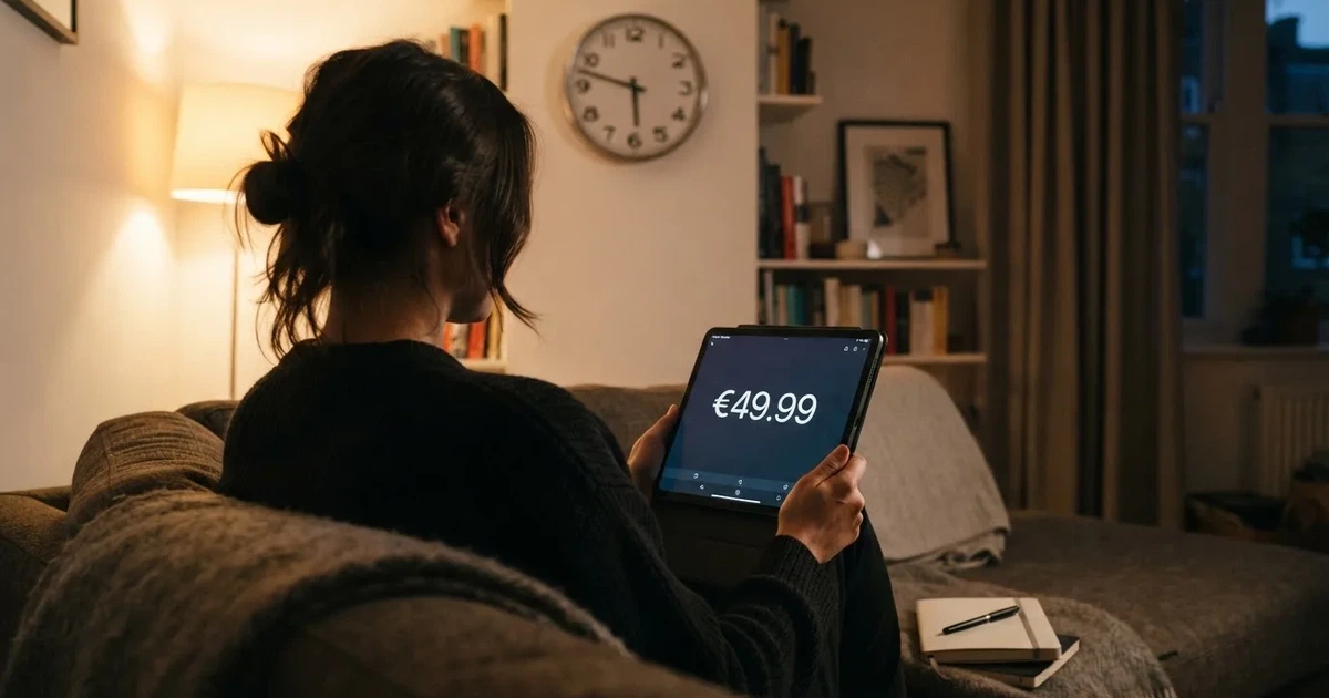 A person on a sofa looking thoughtfully at a tablet, a wall clock in the background