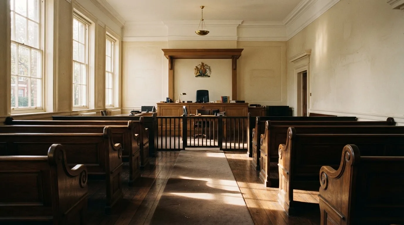An empty courtroom with wooden benches in morning light