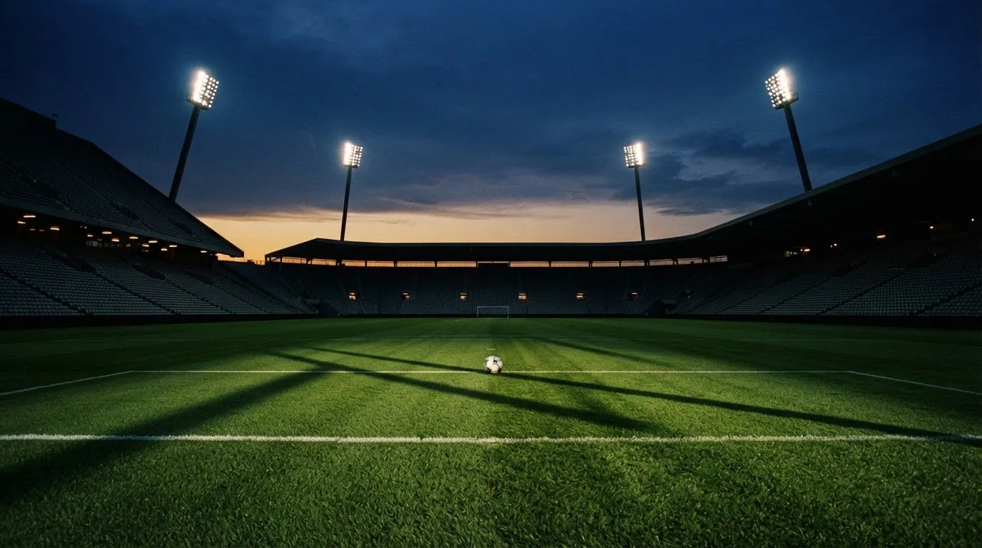 An empty football stadium with floodlight masts at dusk