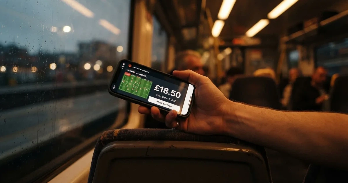 A hand holding a smartphone on a train in the evening, screen turned away