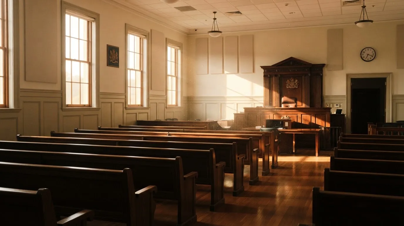 An empty courtroom with wooden benches in morning light
