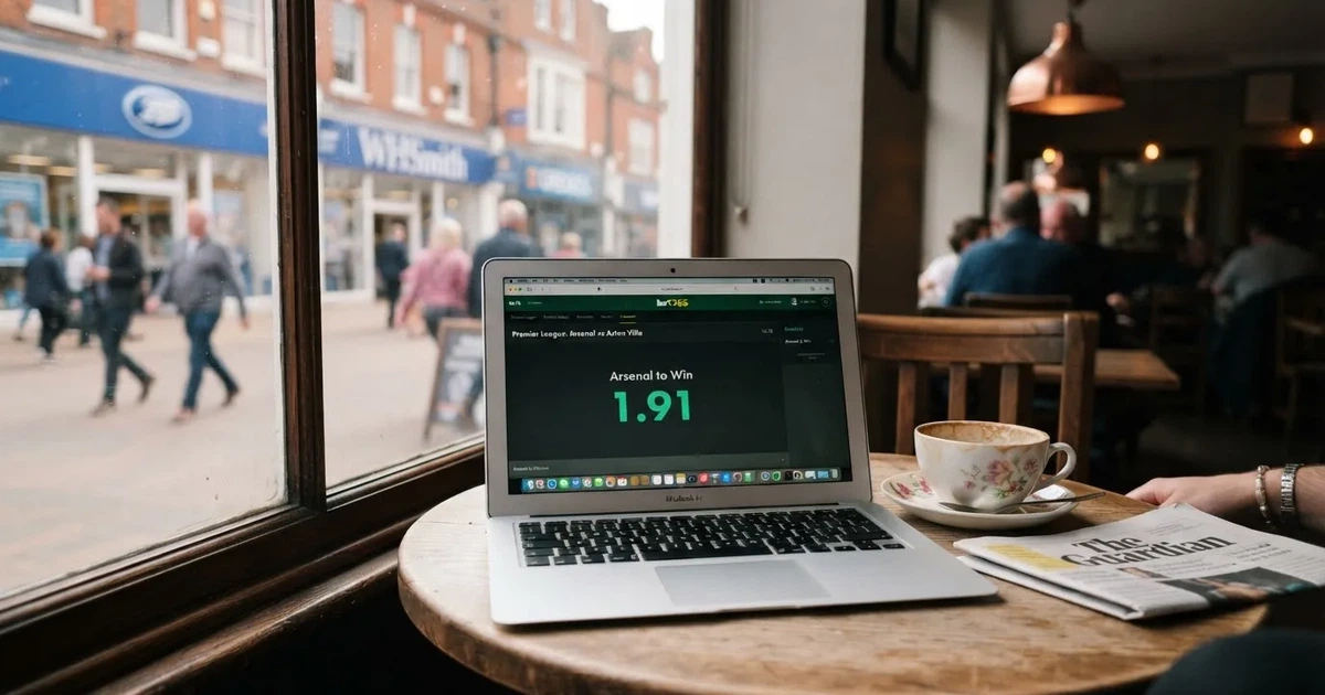 A laptop on a café table by a window onto the street