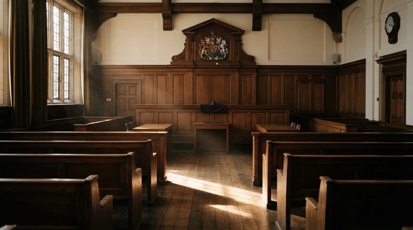 An empty courtroom with wooden benches in morning light