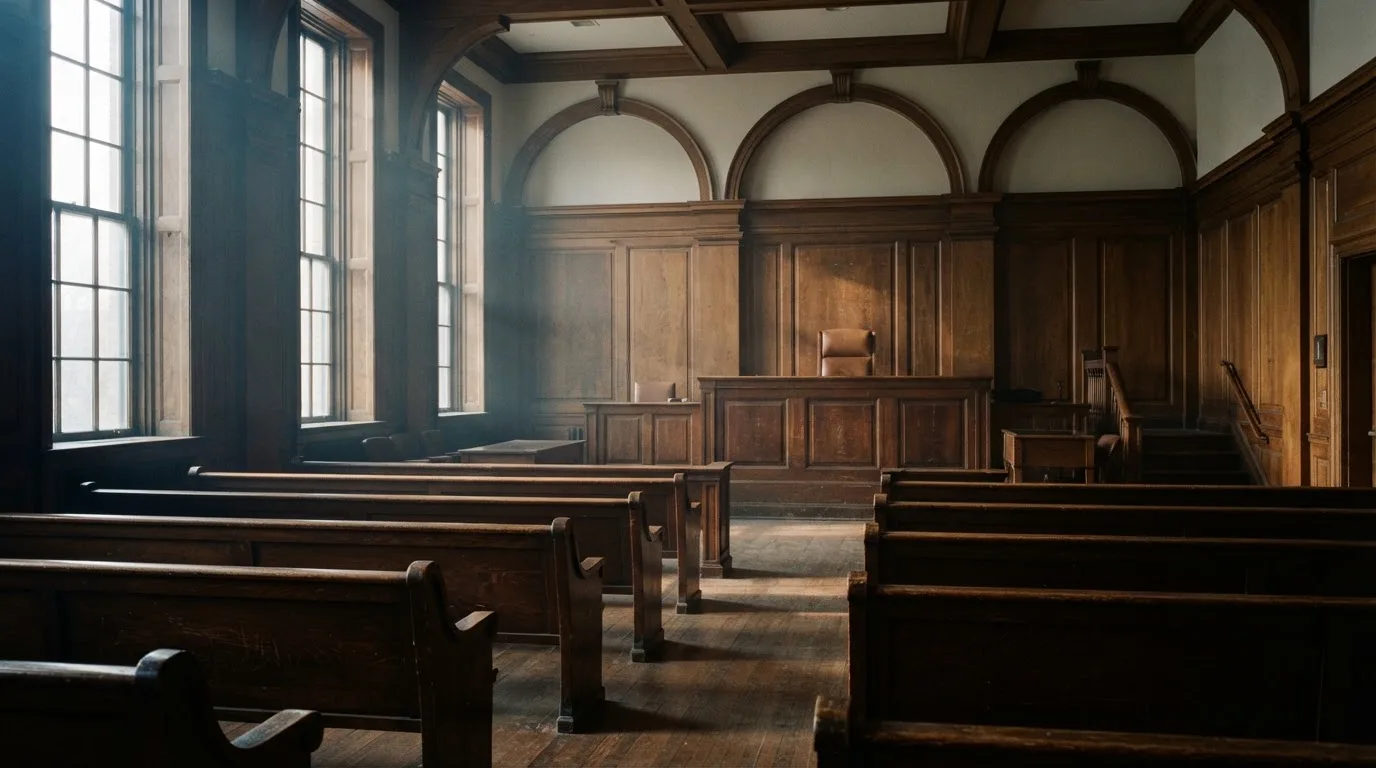 An empty courtroom with wooden benches in morning light