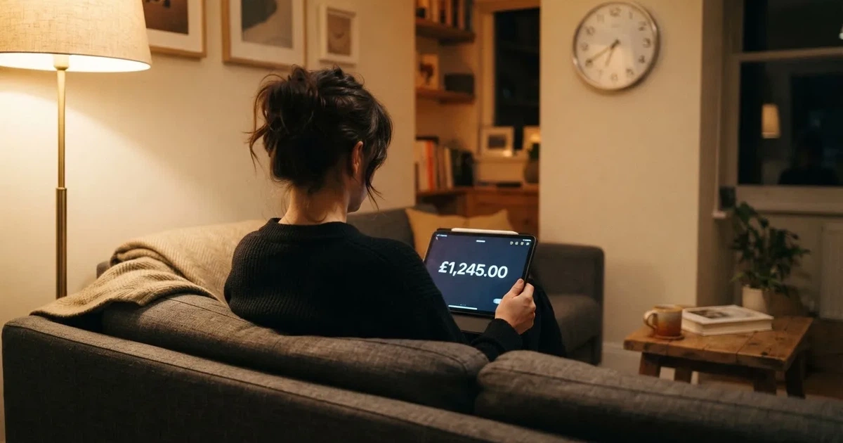 A person on a sofa looking thoughtfully at a tablet, a wall clock in the background