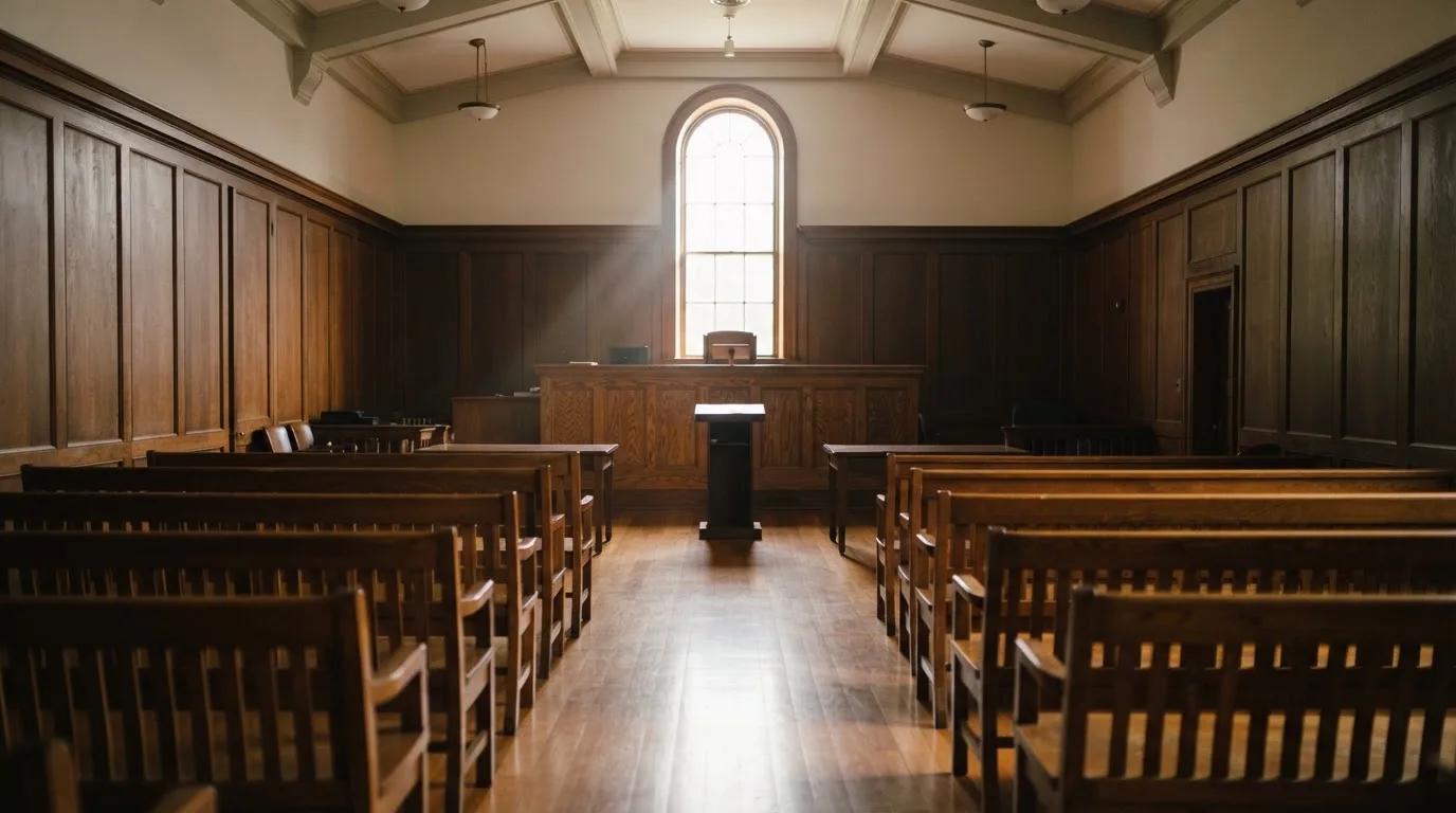 An empty courtroom with wooden benches in morning light