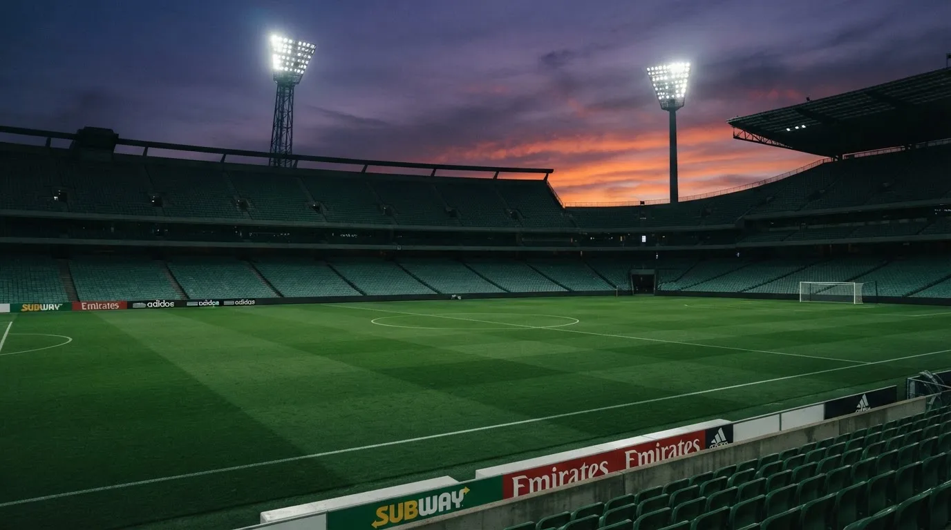 An empty football stadium with floodlight masts at dusk