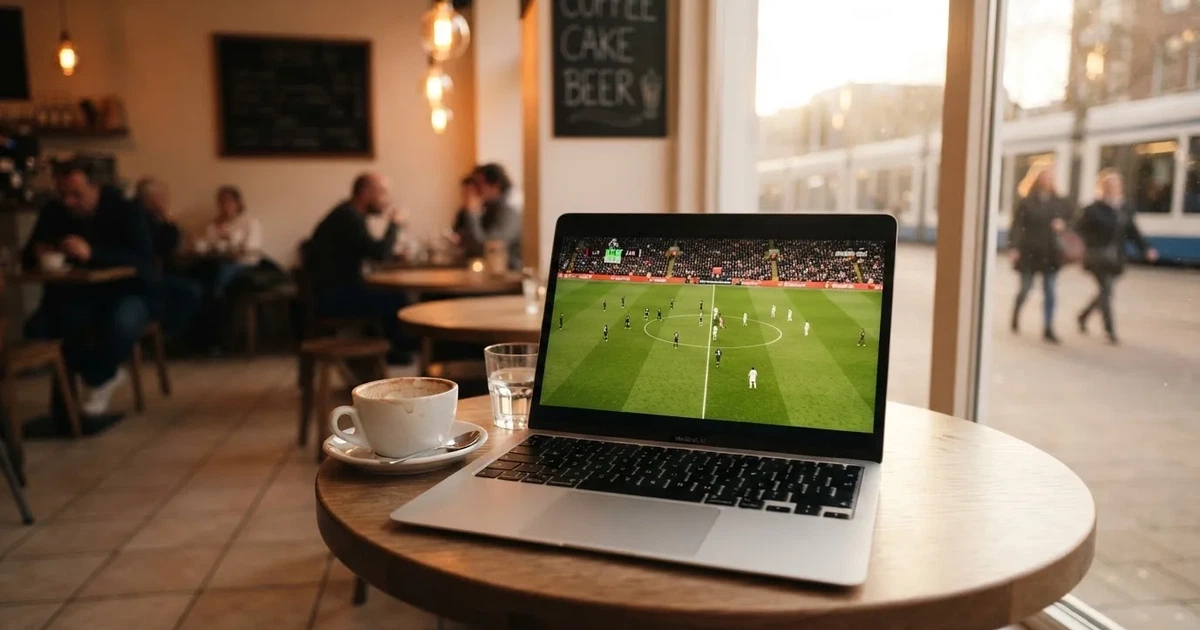 A laptop on a café table by a window onto the street