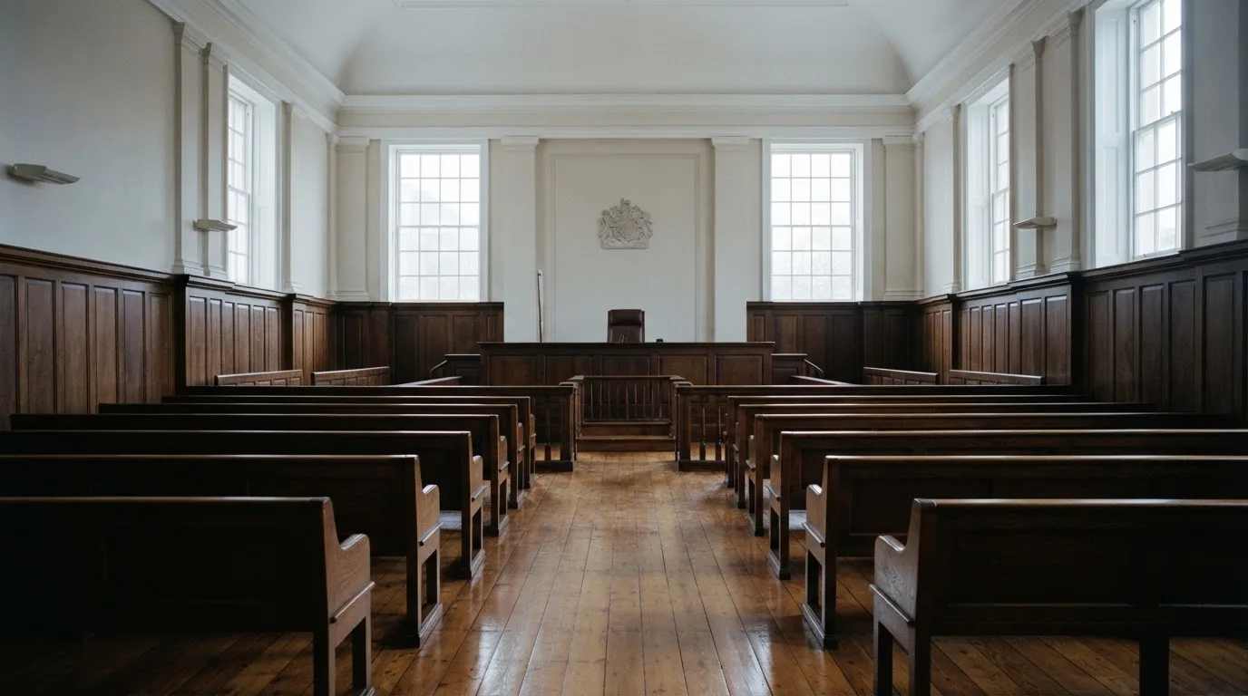 An empty courtroom with wooden benches in morning light