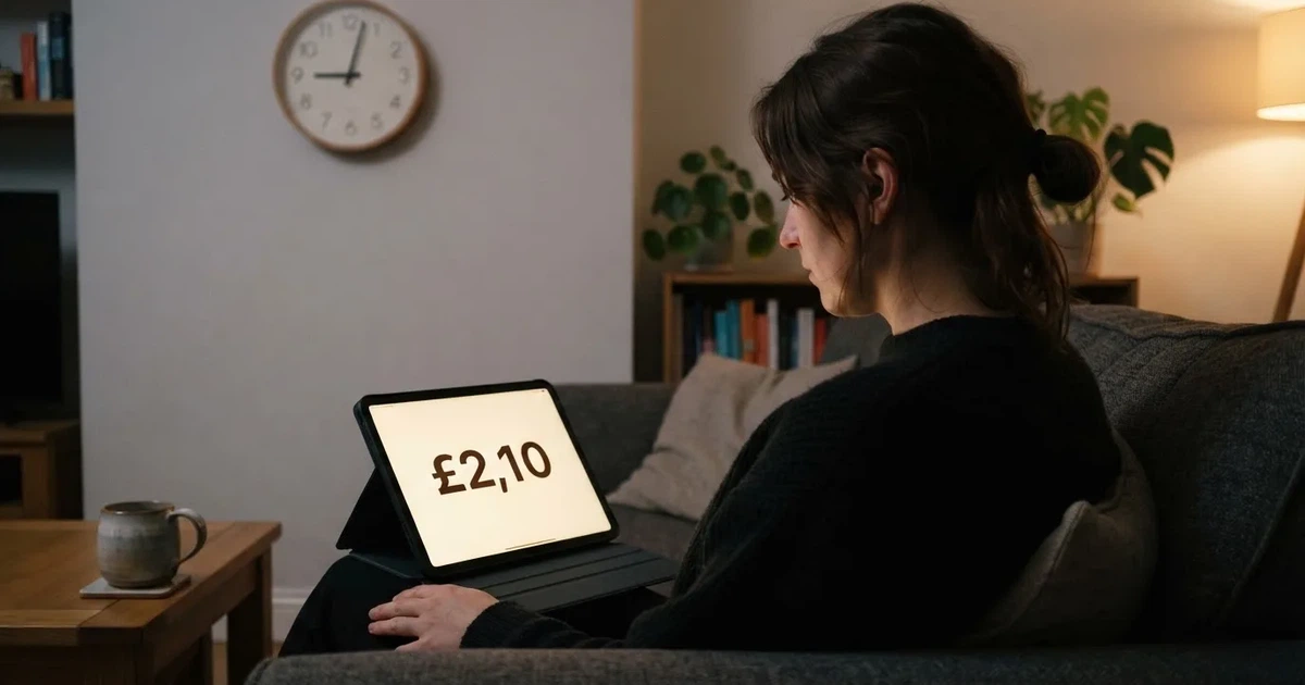 A person on a sofa looking thoughtfully at a tablet, a wall clock in the background