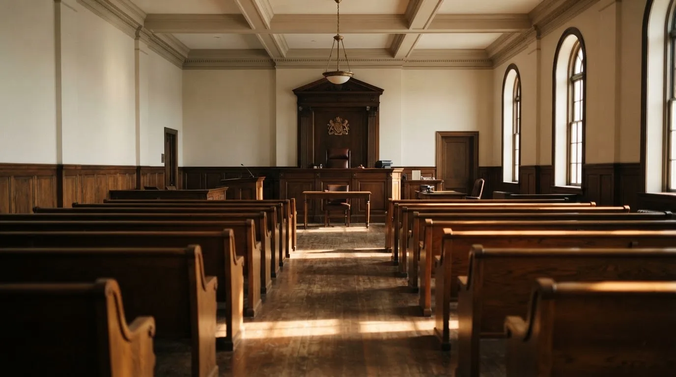 An empty courtroom with wooden benches in morning light