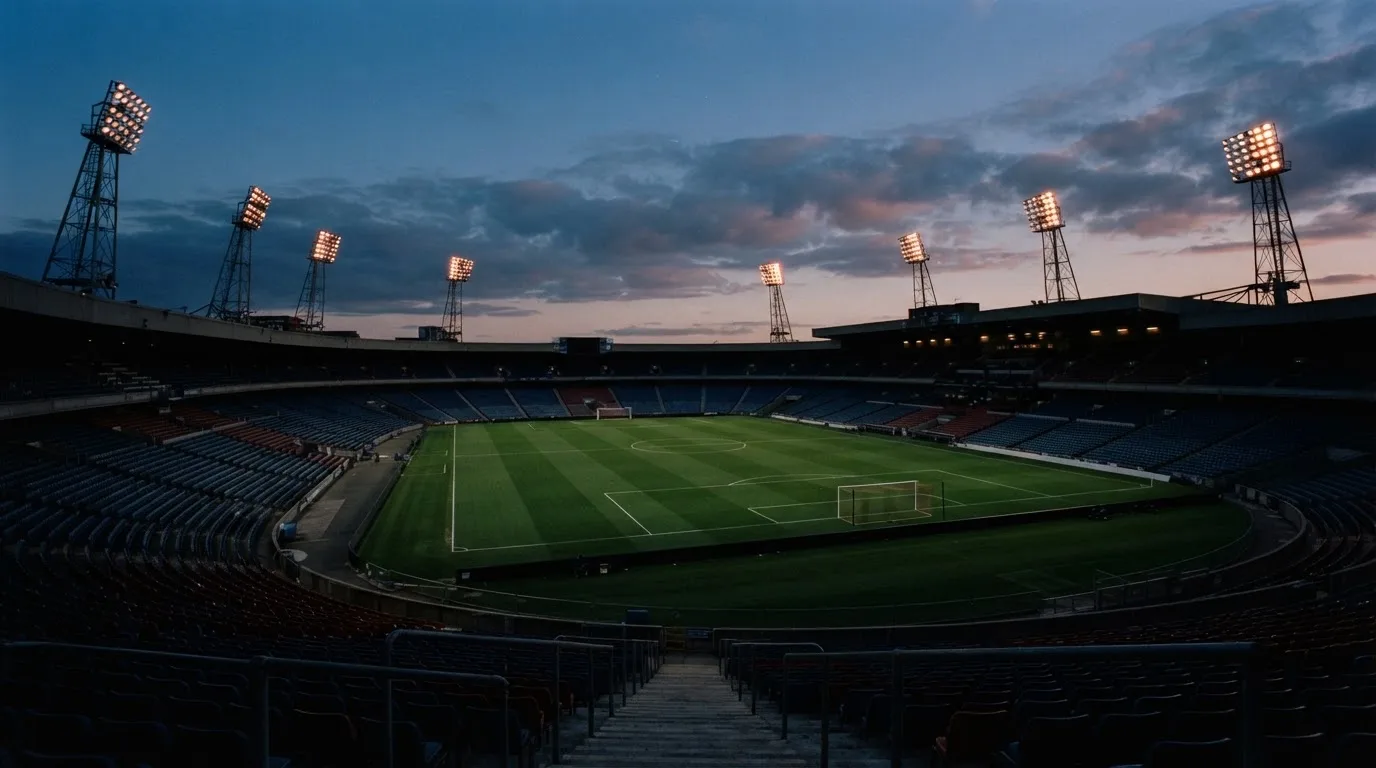 An empty football stadium with floodlight masts at dusk
