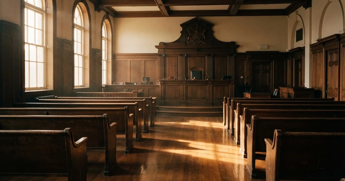 An empty courtroom with wooden benches in morning light