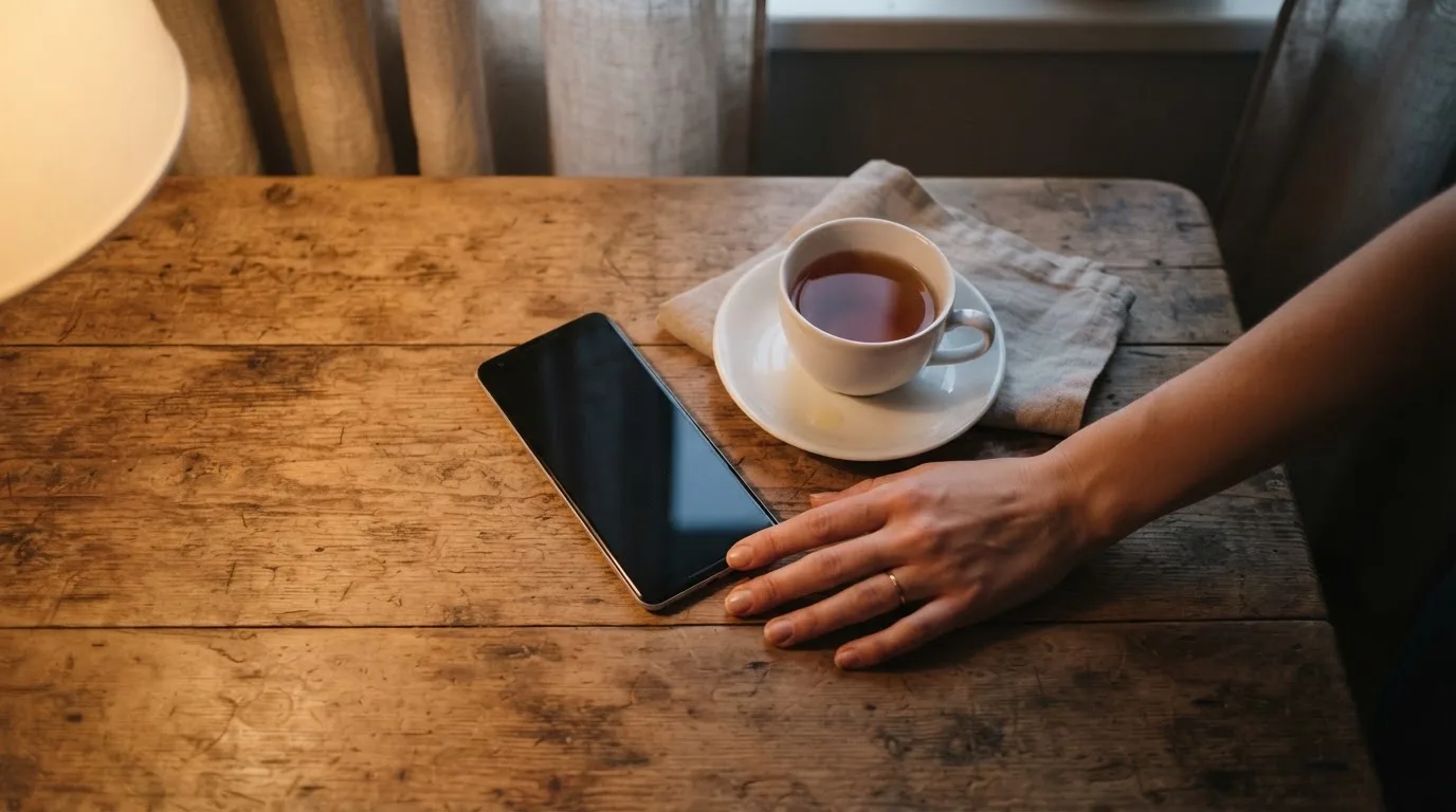 A hand setting a smartphone down beside a cup of tea on a kitchen table on a quiet evening