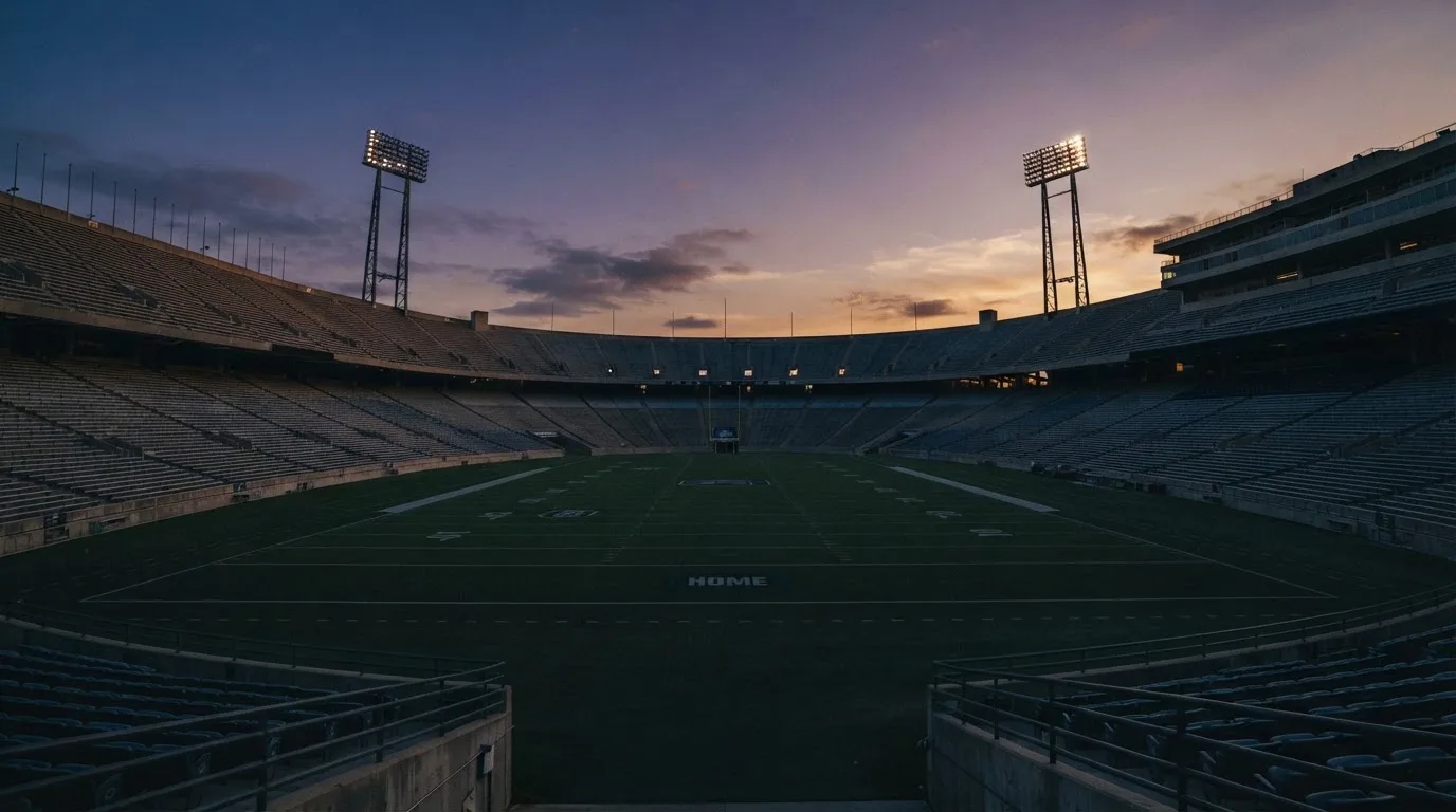 An empty football stadium with floodlight masts at dusk