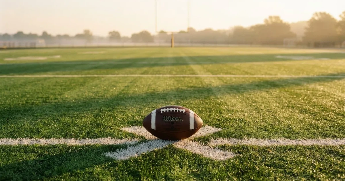 A ball on the centre spot of a grass pitch in morning light