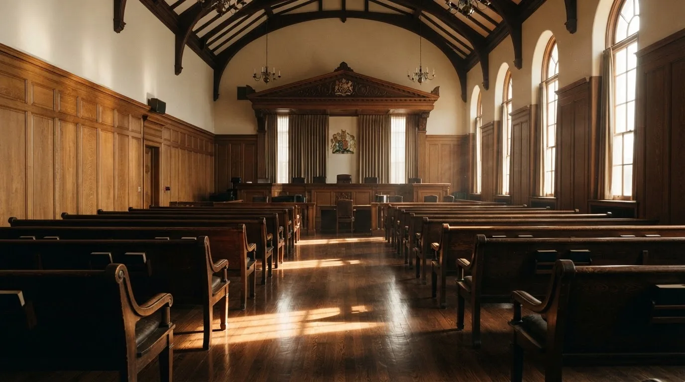 An empty courtroom with wooden benches in morning light