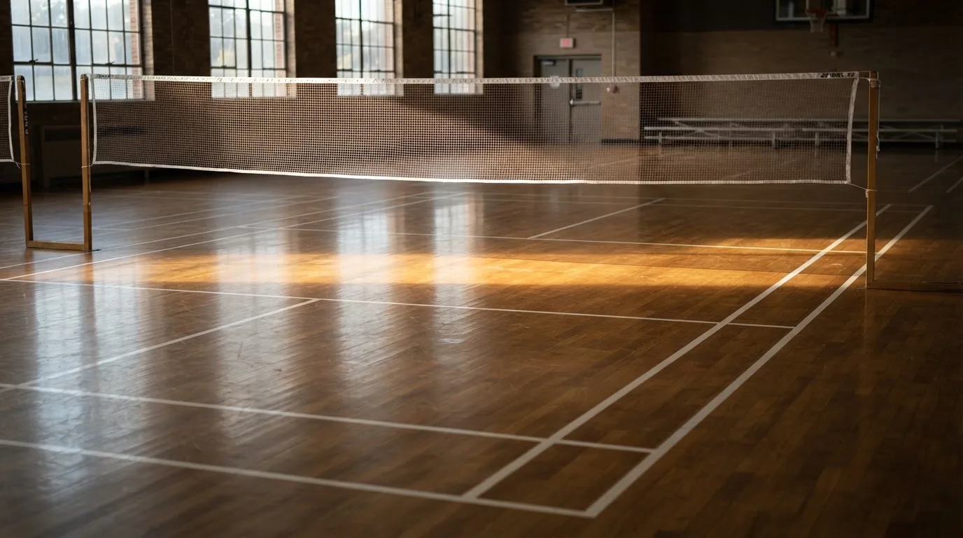 An empty courtroom with wooden benches in morning light