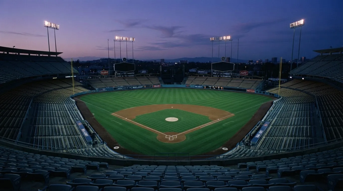 An empty football stadium with floodlight masts at dusk