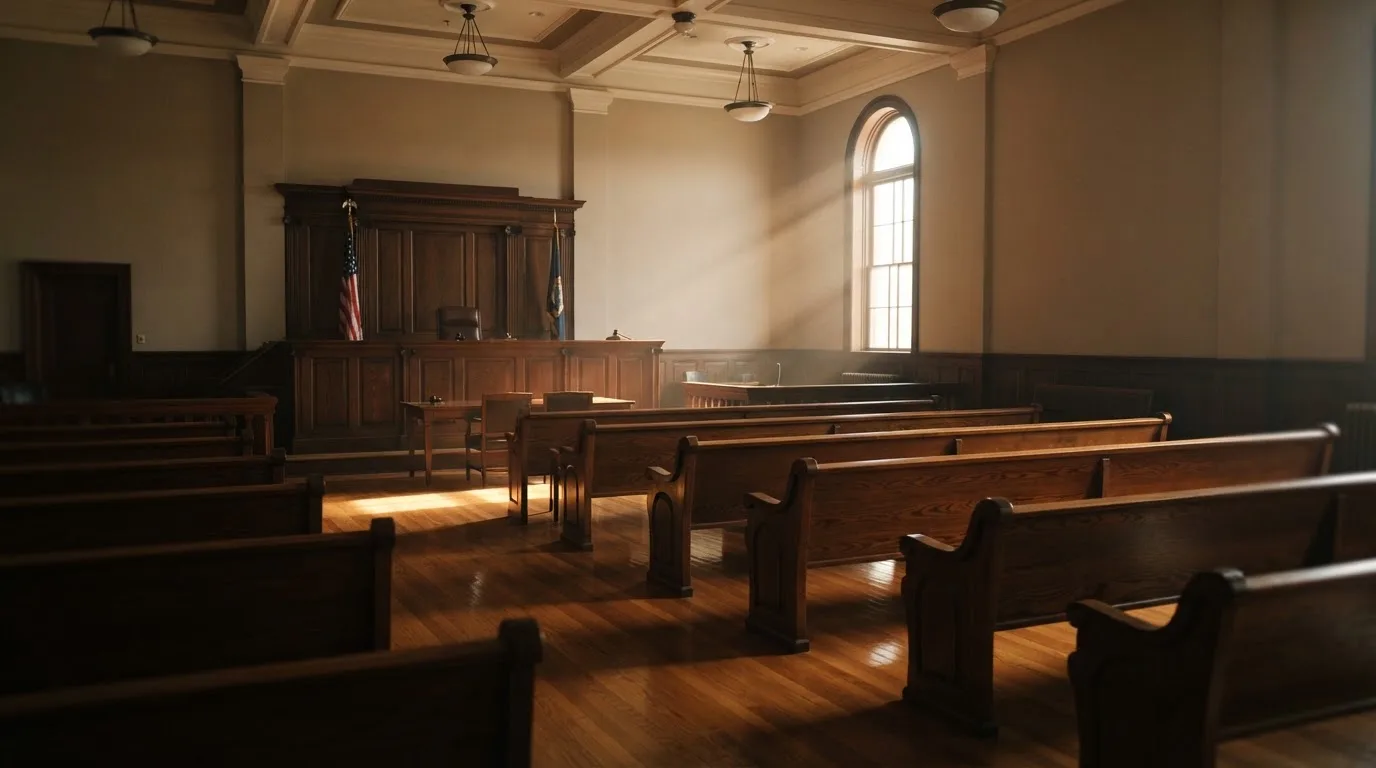 An empty courtroom with wooden benches in morning light