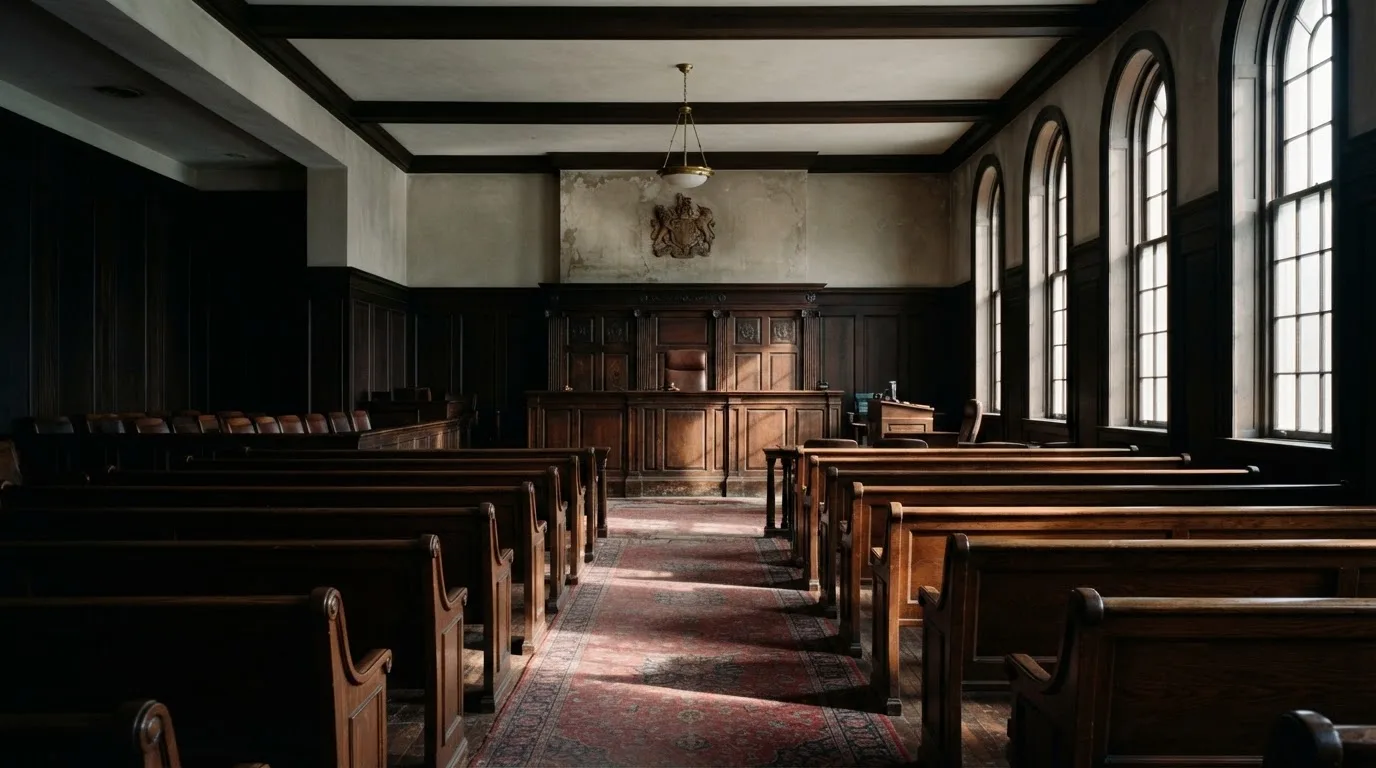 An empty courtroom with wooden benches in morning light