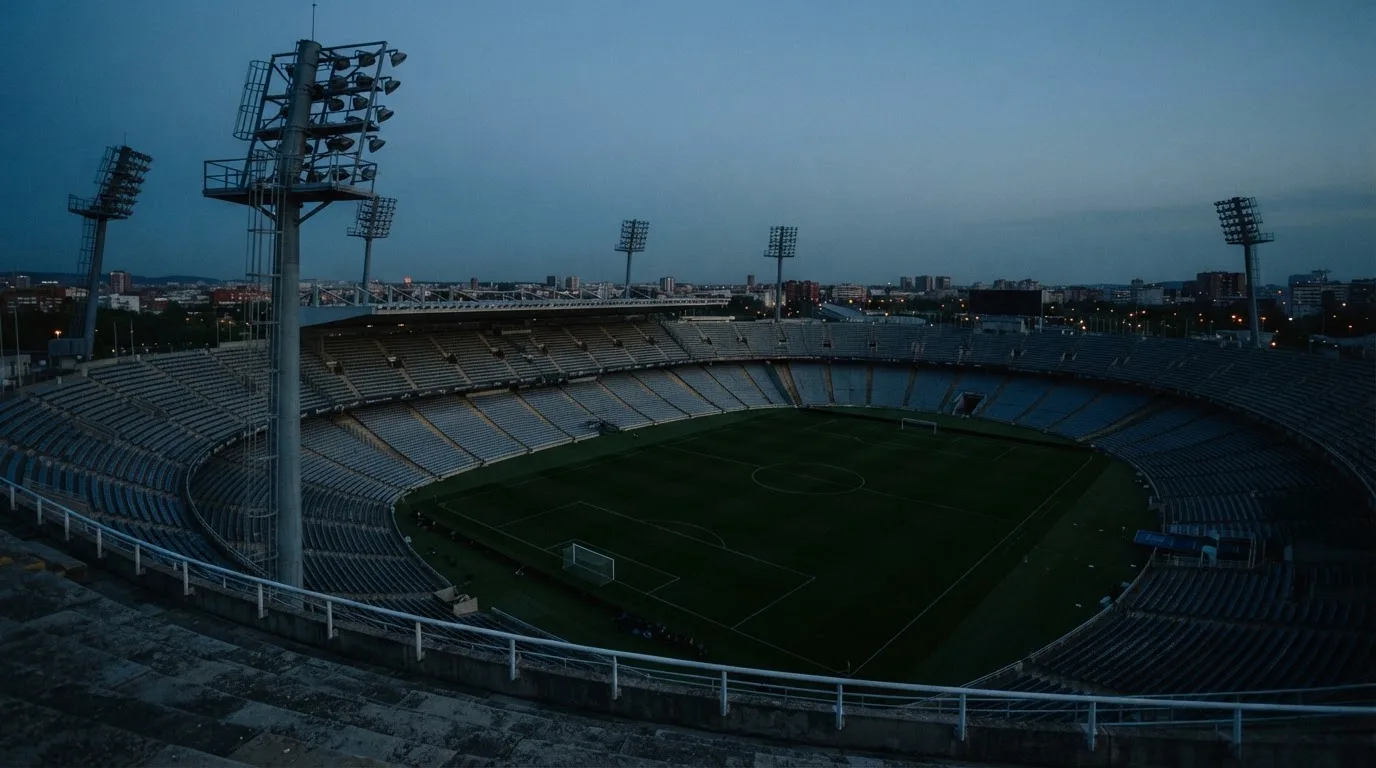 An empty football stadium with floodlight masts at dusk