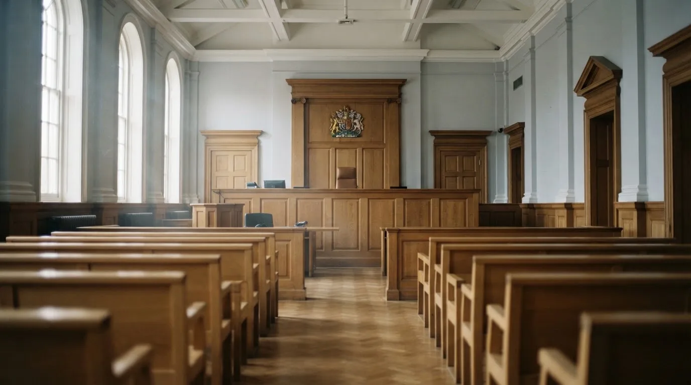 An empty courtroom with wooden benches in morning light